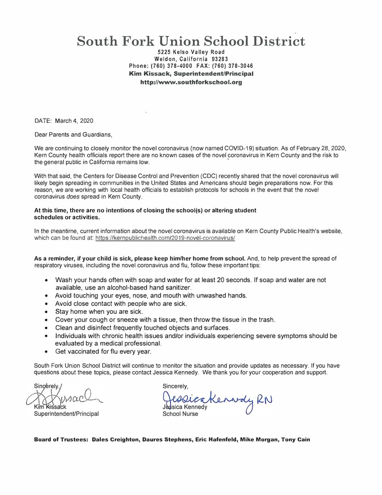 Letter Regarding Novel Coronavirus (COVID-19) | South Fork Union School ...